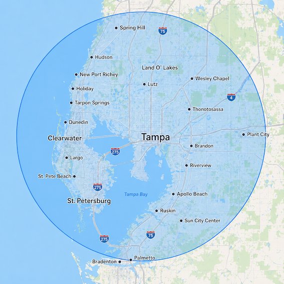 Pool & Spa Experts service area map — Tampa Bay